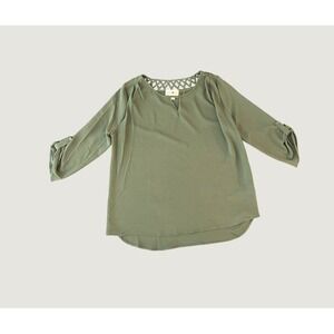 Wishful Park Olive Green Lattice Back Roll Tab Sleeve Blouse Top Large (0029)